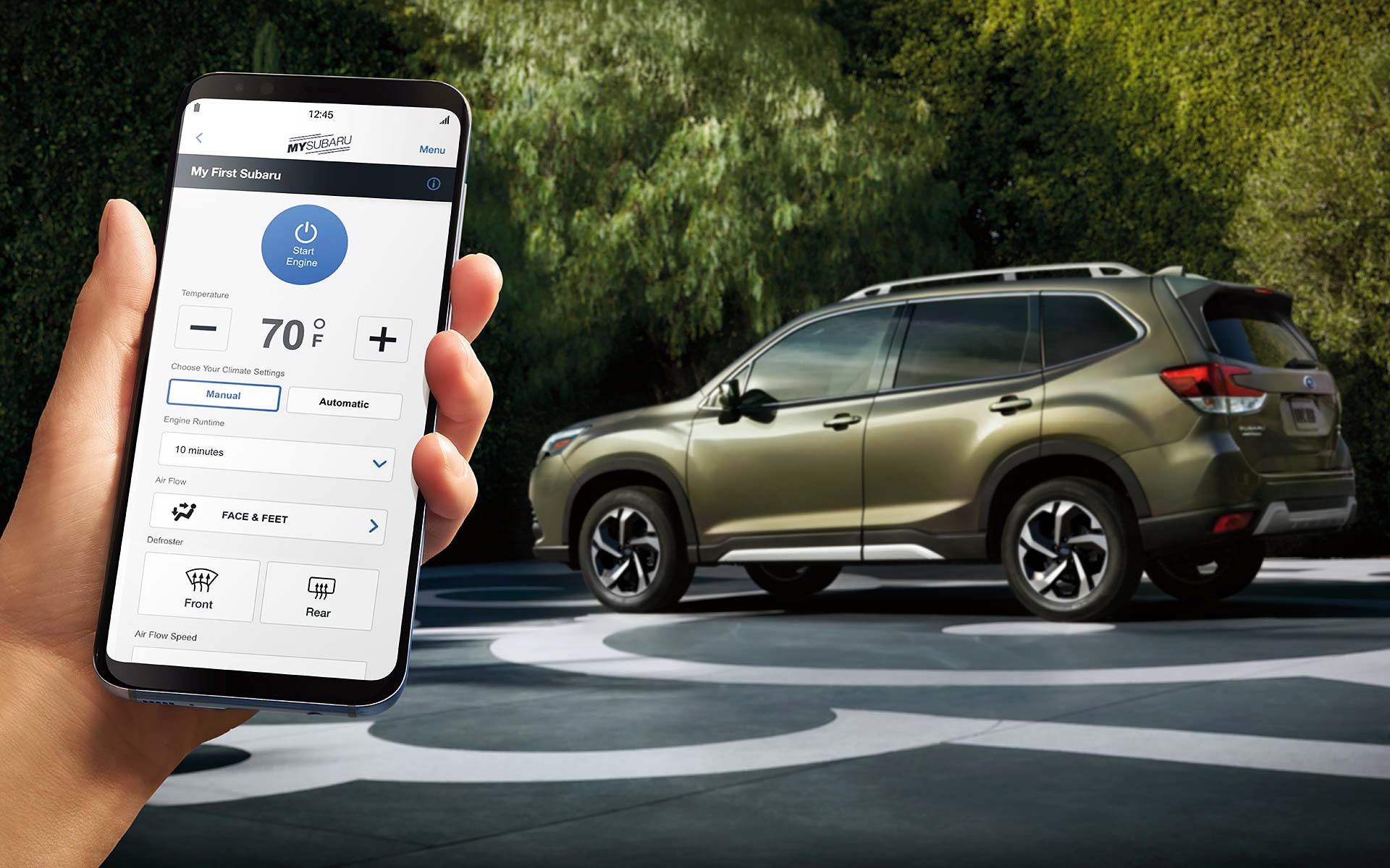 A close-up of a phone showing the Remote Engine Start with Climate Control feature of SUBARU STARLINK® Safety and Security available on the 2022 Forester. | Burke Subaru in Cape May Court House NJ
