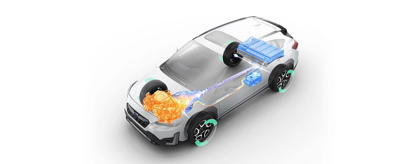 A photo illustration showing the hybrid engines of the Subaru StarDrive Technology in the 2023 Crosstrek Hybrid.