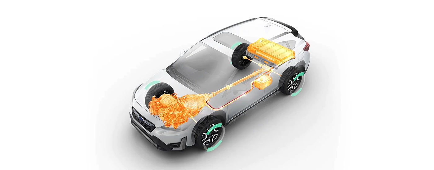 A photo illustration showing the Battery Save Mode of the Subaru StarDrive Technology in the 2023 Crosstrek Hybrid.