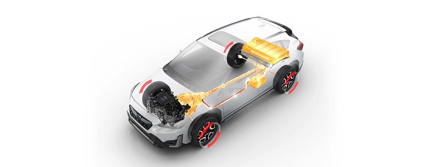 A photo illustration showing the Battery Charge Mode of the Subaru StarDrive Technology in the 2023 Crosstrek Hybrid.